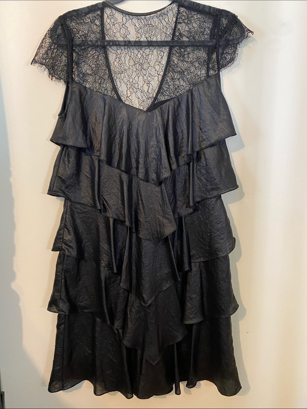 BCBGMaxAzria Black Lace Tiered Midi Dress
